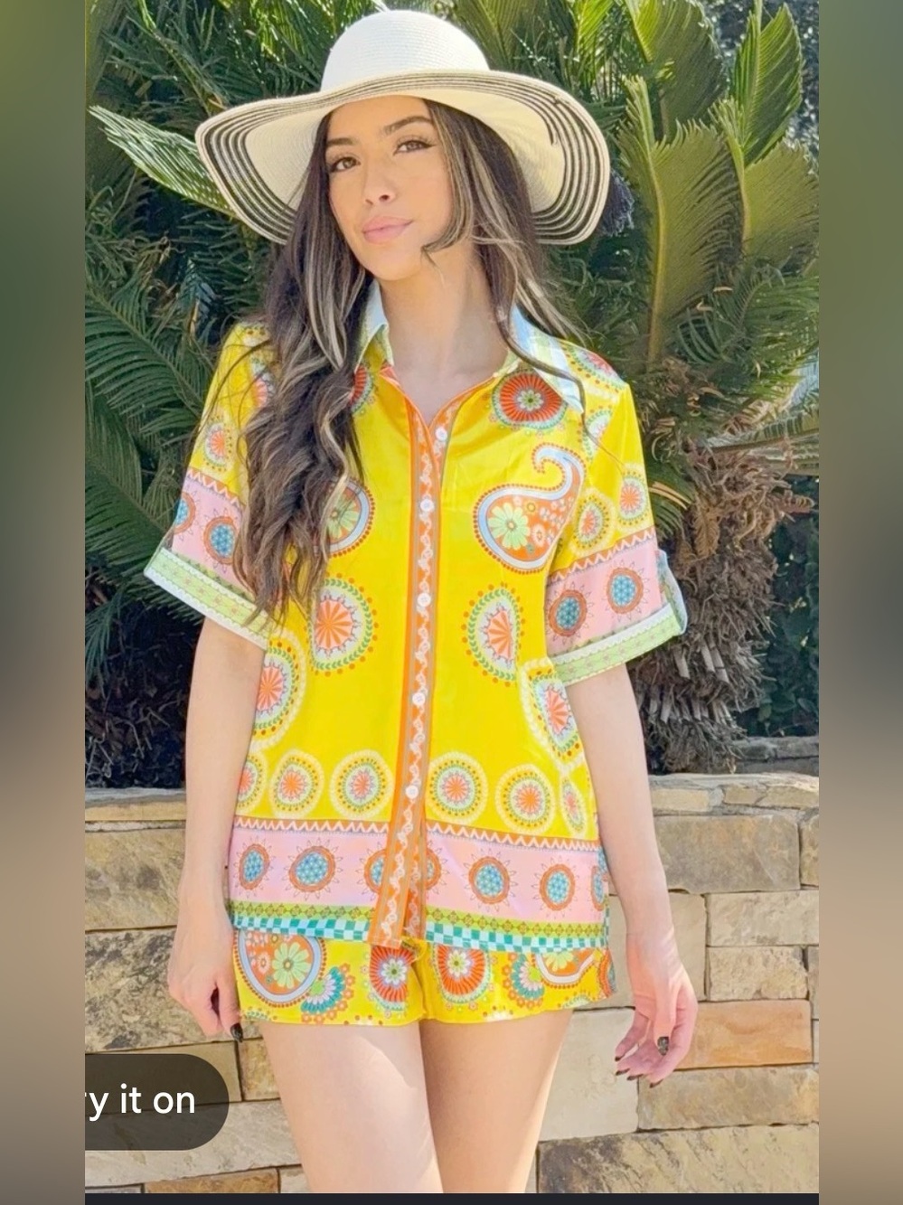 NWT Endless Moon Bright Yellow Paisley Short-Sleeve and Short Set